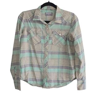 Simms Women's Ruby River Aruba Plaid Pearl Snap Shirt in Mint and Gray Size S
